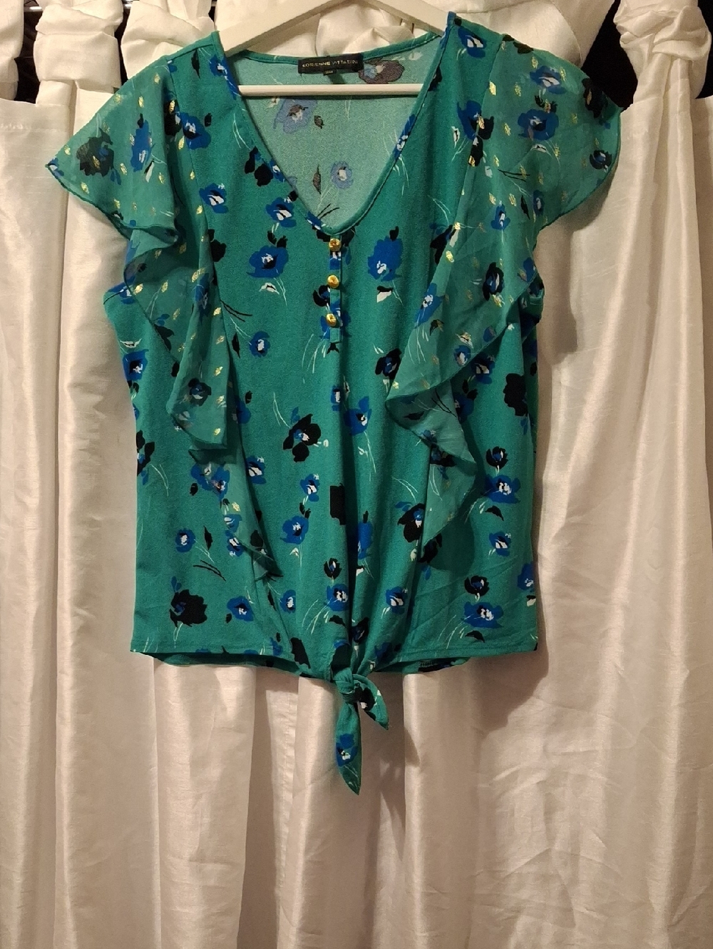 Adrienne Vittadini Teal Floral Tie-Front Ruffle Sleeve Top